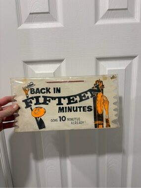 Vintage 'Back in Fifteen Minutes' Door Sign - Orange & Black 1970s